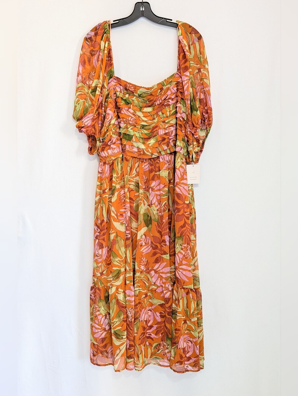 Lauren Conrad LC Maxi Dress Womens 3X Floral Orange Puff Sleeve Smocked NWT